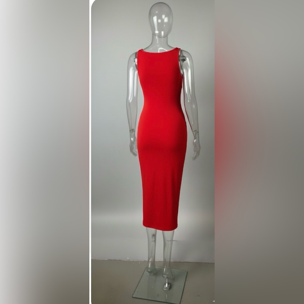 Hera Collection Red Midi Bodycon Dress - Sexy Front Cut-Outs - Size S - Picture 3 of 11